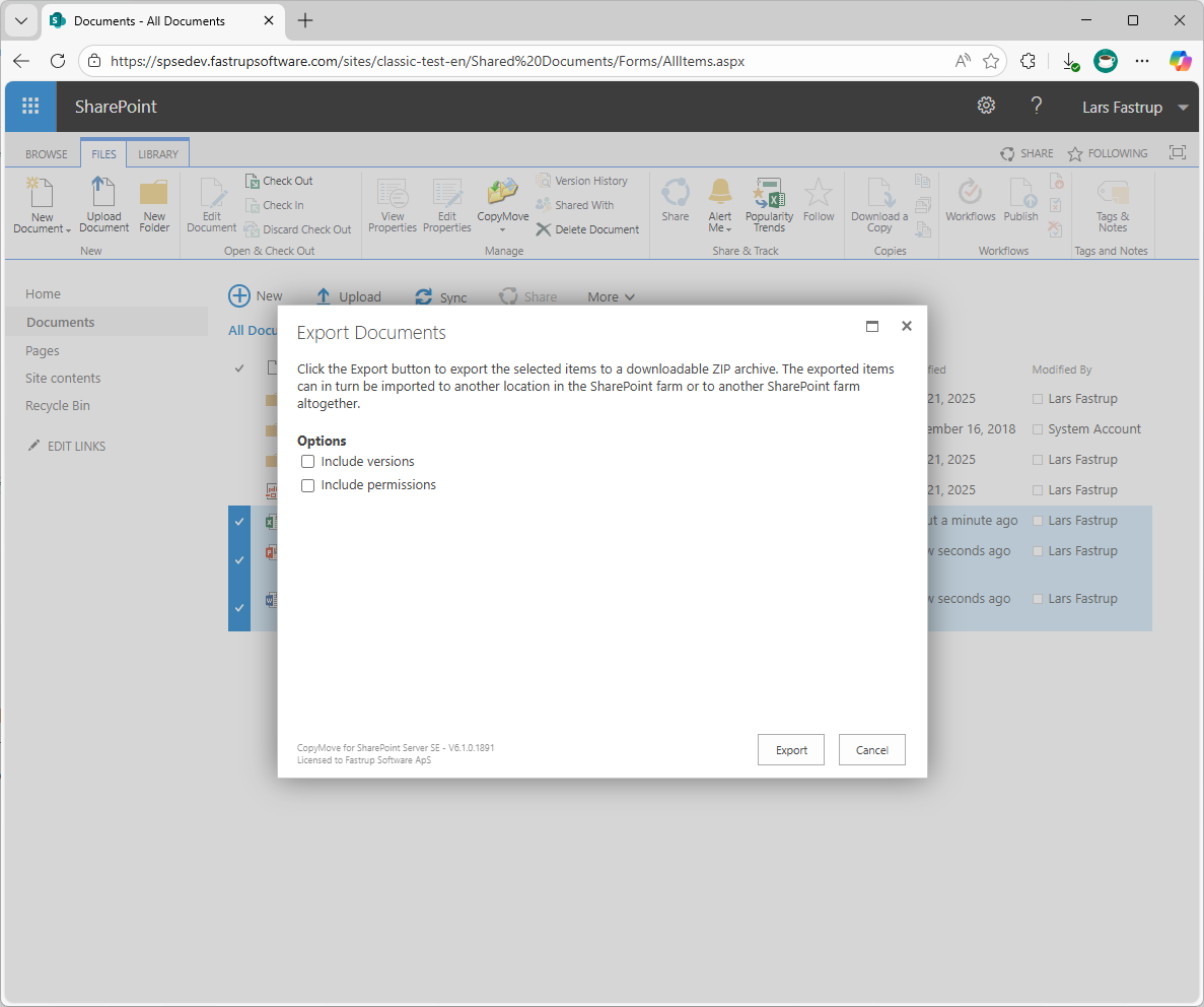 Export to ZIP dialog showing options and progress