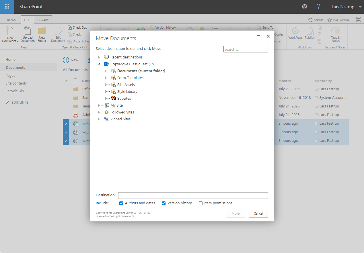 CopyMove dialog showing options for moving files with fidelity settings
