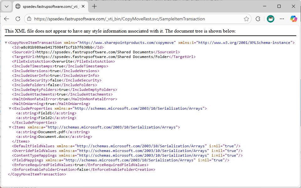 CopyMove API sample transaction showing programmatic access